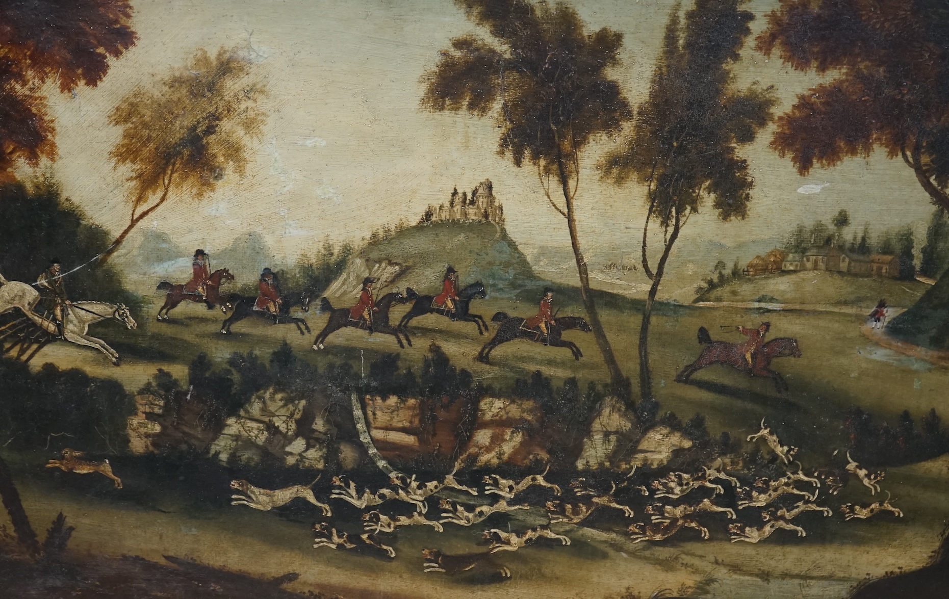 Naive oil on board, Hunting scene with hounds, unsigned, 58 x 87cm. Condition - poor